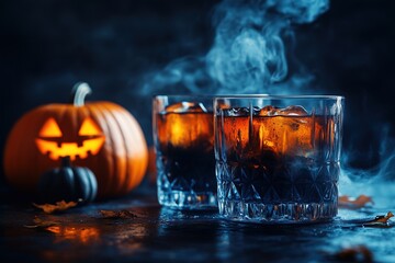 Cocktail in whiskey glasses with ice emit smoke on dark background. Orange pumpkins, Halloween atmosphere. Holiday drinks, spooky holiday celebration, party bar menu assortment, banner, copy space