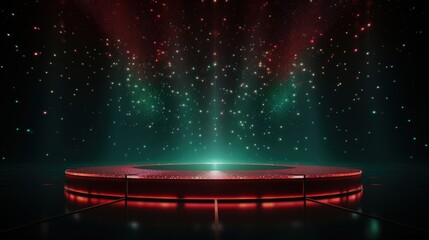 Stage with red and green light curtains, lights on the water surface, sparkles and glitter background