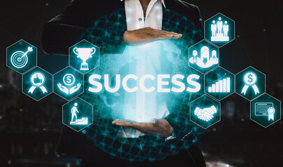 Achievement and Business Goal Success Concept - Creative business people with icon graphic interface showing employee reward giving for business success achievement. uds