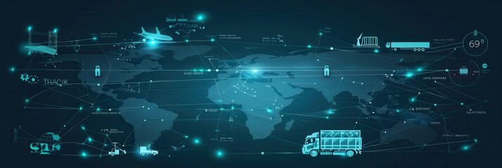 Fototapete - A world map illustrates major transport routes with icons representing different types of transport and logistics infrastructures. Generative AI