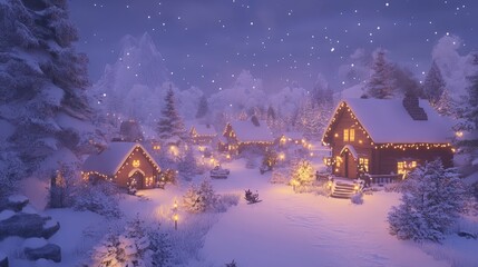 Cozy winter village glowing with festive lights and snowfall.