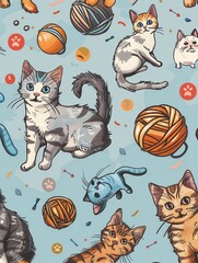 Poster - A group of cats interact playfully with various toys, including balls and colorful yarn, showcasing their curiosity and energy. Generative AI