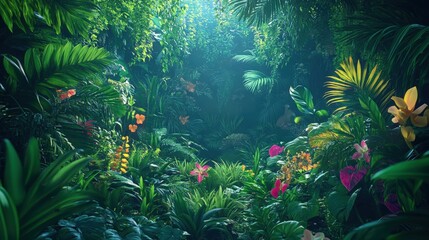 Lush tropical rainforest with vibrant green foliage and colorful blossoms.