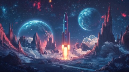 Futuristic rocket launching on an alien planet with vivid celestial scenery.