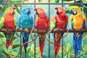 Wall Mural - A group of stunning parrots displaying vivid feathers is seen comfortably settled on their perch inside a beautifully designed cage. Generative AI