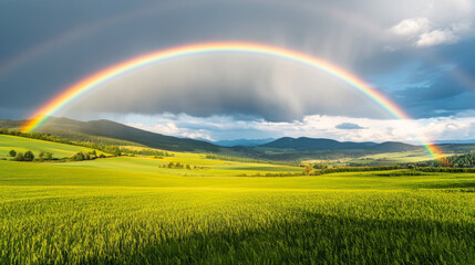 Wall Mural - A bright rainbow arcs over lush rural landscape, creating stunning contrast against dramatic sky. vibrant colors enhance serene beauty of nature.