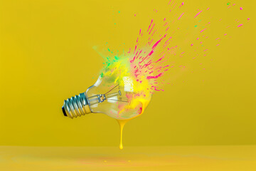 Lightbulb explosion splattering bright colors, merging creativity and innovation theme.