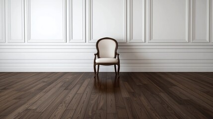 Wall Mural - Chair is sitting in a room with white walls and wooden floors. The chair is empty and the room is very clean and simple