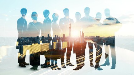 Poster - Mixed media of group of multinational business people and urban development concept