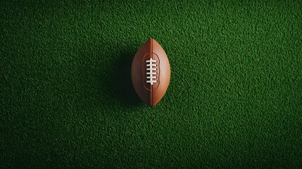 Top view of a rugged American football on bright green field grass, wide open field of view, ideal for text placement on either side