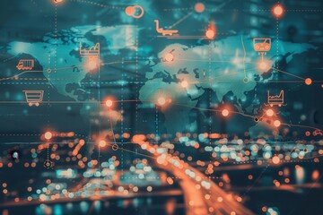 Leinwandbilder - Highlighted transport routes connect continents on a world map featuring various transportation icons, showcasing global logistics networks. Generative AI