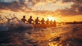 Rowers pulling in unison against a golden sky, water splashing dramatically