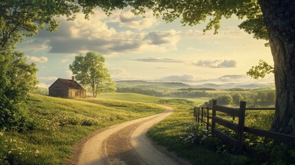 Idyllic countryside scene with a cottage and winding dirt road.