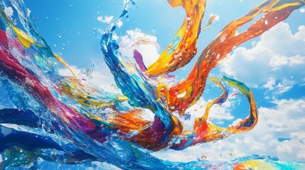 Poster - Dynamic Liquid Splash and Paint Explosion in Vivid Colors, Featuring 3D Rendered Watercolor Spilling and Fluid Movement. Perfect for Creative Abstract Art and Colorful Design Concepts