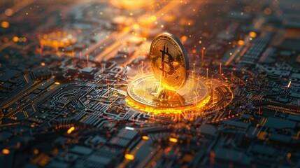 Poster - Gleaming Golden Bitcoin on Digital Background
