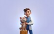 © joeycheung - A 3D cartoon man wearing a white coat with a stethoscope holds a smiling cartoon cat.