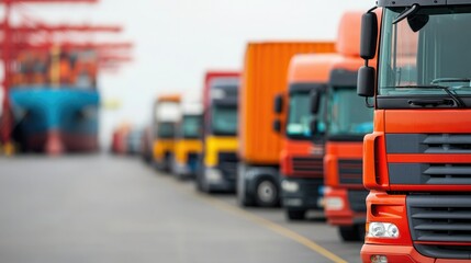 Colorful trucks lined up at a busy port, showcasing shipping and transportation logistics in action.