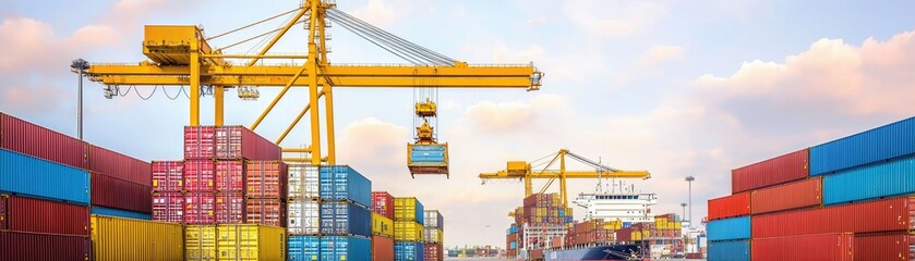 Vibrant harbor scene featuring cargo containers and cranes under a clear sky, symbolizing global trade and logistics.