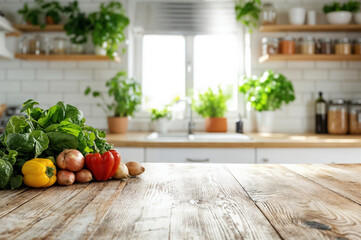Poster - Fresh vegetables lying on wooden tabletop in kitchen