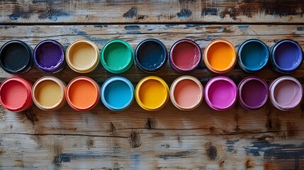 Bright paint cans and swatches on natural wooden surface, artistic arrangement, vibrant color spectrum, top-down view