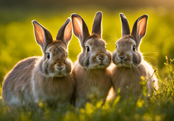 Wall Mural - three rabbits in the field of the tree 