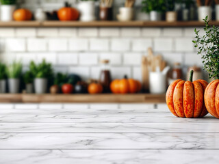 Aufkleber - Empty kitchen table with pumpkins and blurred background with copy space