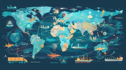 Fototapete - A detailed map highlights major transport routes with icons of ships, planes, and trucks connecting various global locations. Generative AI