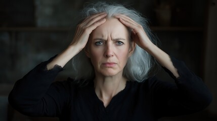 Elderly woman experiencing headache in dark room setting for healthcare and wellness concepts