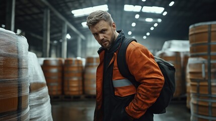 Industrial warehouse worker in safety gear amidst large oil barrels for supply chain logistics