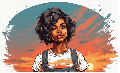 vector t-shirt design. cute girl with dark skin.