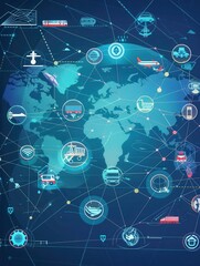Fototapete - Transport routes are highlighted on a global map showcasing various modes of transportation connecting cities worldwide. Generative AI