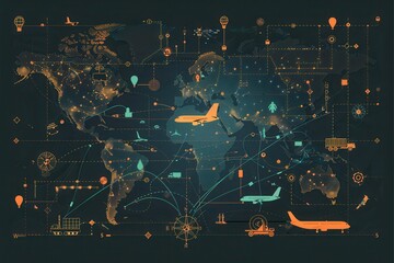 Poster - This global map displays key transport routes highlighted with diverse transportation icons, showcasing a network for efficient logistics. Generative AI