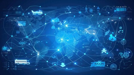 Fototapete - A map showcases key transport routes worldwide with icons representing different modes of transportation and their connections. Generative AI