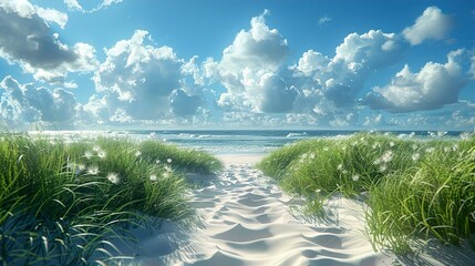 Canvas Print - Stunning Beach Landscape with Lush Grass and Blue Sky