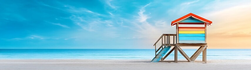Wall Mural - vibrant beach lifeguard tower against a serene ocean backdrop