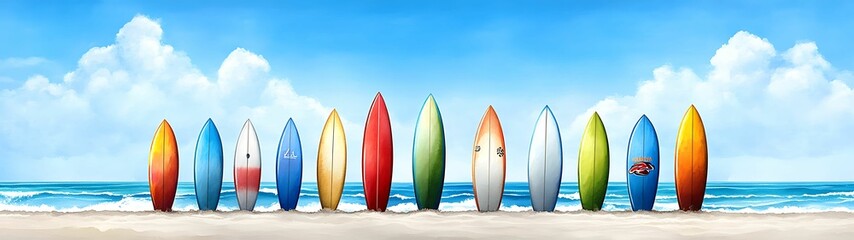 Wall Mural - colorful surfboards lined up on a sunny beach