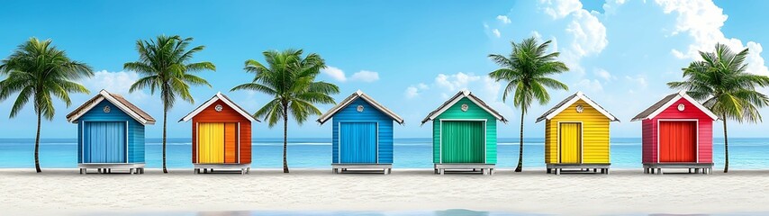 Wall Mural - colorful beach huts against a serene ocean backdrop