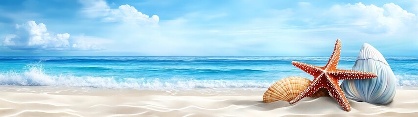 Wall Mural - Serenity at the Shore A Beautiful Coastal Scene with Shells and Waves