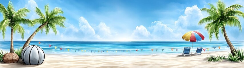 Wall Mural - serene beach scene with palm trees and colorful umbrella