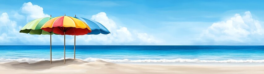 Wall Mural - A serene beach scene with colorful umbrellas and a tranquil ocean atmosphere