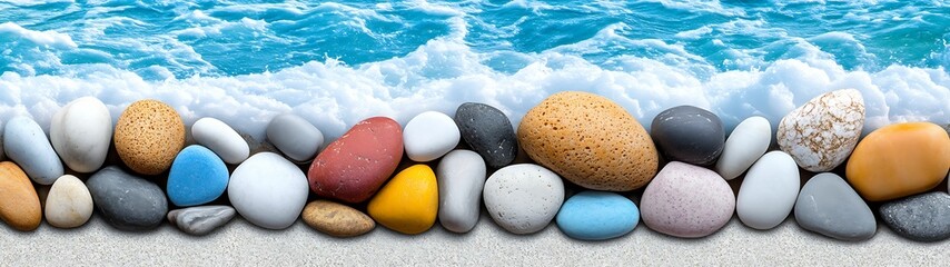 Wall Mural - colorful pebbles on a sandy beach with ocean waves