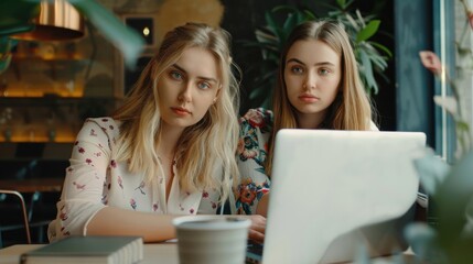 Two women sit together at a table using a laptop for productive brainstorming.