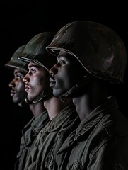 Three soldiers of different ethnicities are side by side, standing against a black dark background, wearing dirty war helmets and uniforms