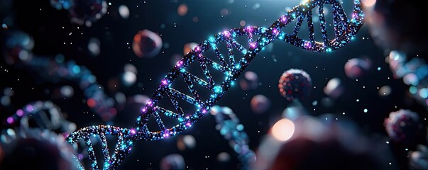 Poster - vibrant dna helix surrounded by glowing cells in a dark, mystical environment.
