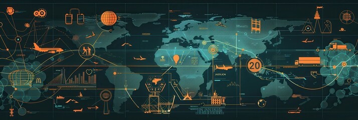 Aufkleber - This map illustrates major transport routes worldwide, featuring icons representing different transportation methods across regions. Generative AI