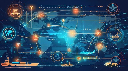 Poster - This map illustrates major transport routes globally, highlighting various modes of transport connecting nations. Generative AI