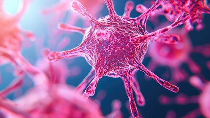 Poster - microscopic view of a vibrant red virus on a soft-focus background.