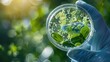 © gita - A gloved hand holding a petri dish containing green foliage and small white objects, with a blurred green background.