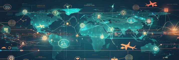Poster - The illustration displays a world map with emphasized transport networks and icons representing different transport methods. Generative AI