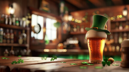 St. patrick's day celebration in pub setting with beer and leprechaun hat